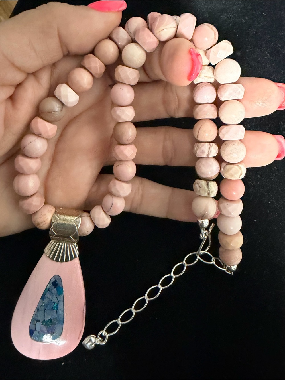 Jay King 925 Sterling silver pink opal mosaic beaded necklace
